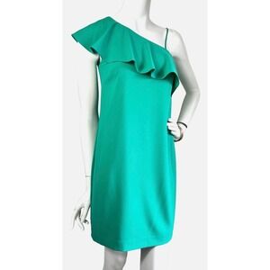 One Shoulder Ruffle Dress Size XS 2 Gianni Bini Green Sleeveless Lined Zip  EUC